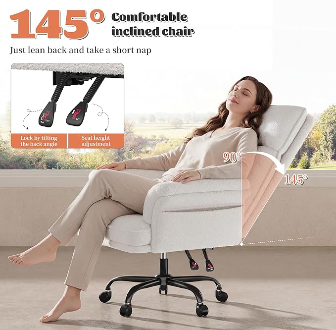 Criss Cross Chair with Armrests & Wheels for Cross-Legged Sitting，Ergonomic Computer Gaming Chair with Two Side Pockets，Teddy Plush Wide Seat Reclining Desk Chair for Home,Office,Beige