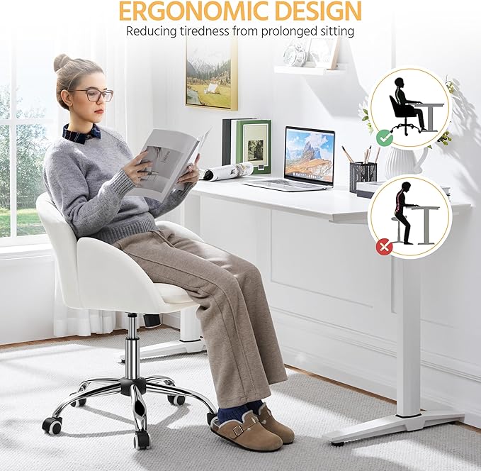 Yaheetech Cute Desk Chair for Home Office, Adjustable Vanity Chair Modern Upholstered Chair Swivel Rolling Task Chair with Armrests for Work, Study, Living Room, Bedroom, Snowy