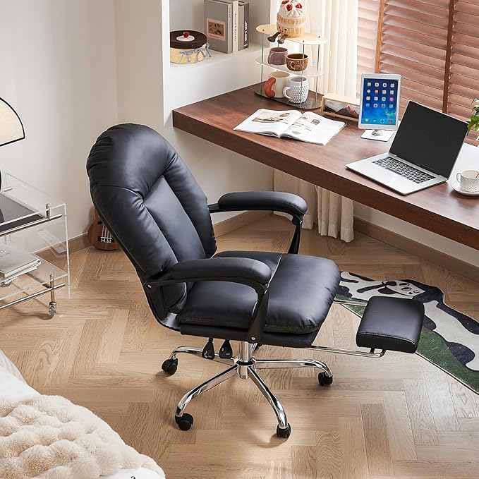 EMIAH Office Chair with Foot Rest Criss Cross Chair with Wheels Ergonomic Reclining Executive Office Chair Mid Back Genuine Leather Swivel Computer Chairs Lumbar Support for Home Office (Black)