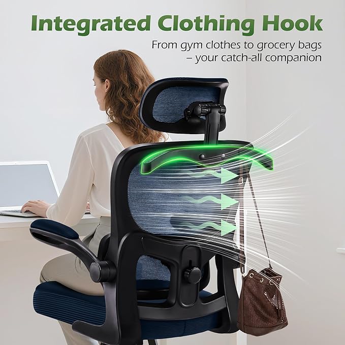 AreShark Office Chair Ergonomic Desk Chairs with Adjustable Lumbar Support& Headrest Hanger, High Back Breathable Mesh Chair with Wheels, Rolling Swivel Comfy Task Computer Chair for Home Work Gaming