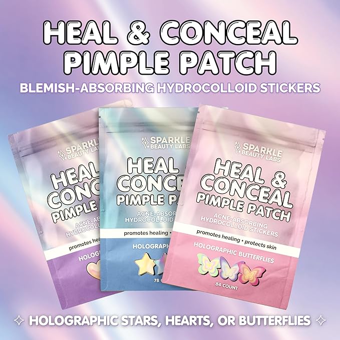 Heal & Conceal Pimple Patch - Cute Holographic Star Shaped Acne Patches, Fun Hydrocolloid Zit Stickers for Face (Iridescent Stars, 78 Count)