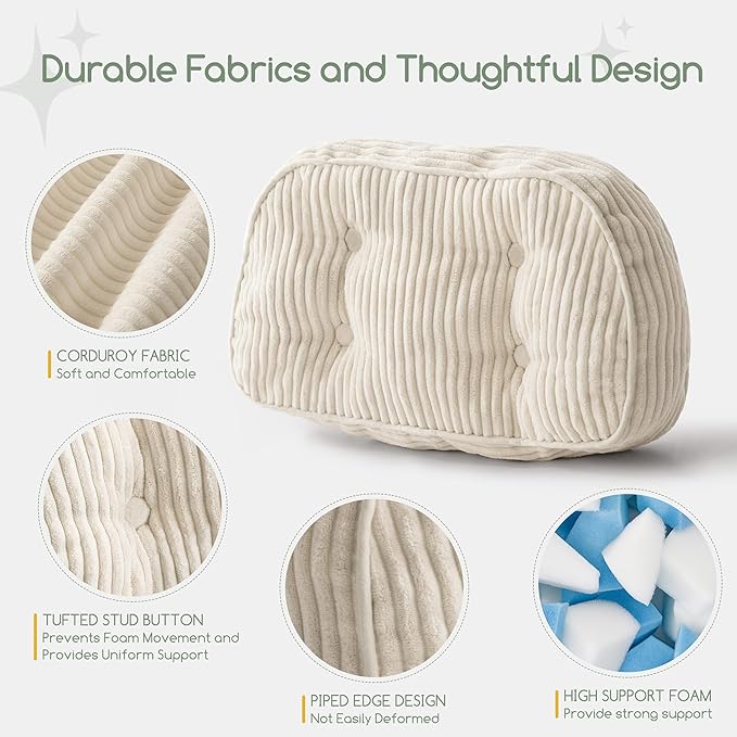 HIGOGOGO Lumbar Support Pillow for Recliner Chair/Accent Chair/Couch/Office Chair, Tufted Corduroy Back Support Cushion for Elderly, Recliner Cushions for Back Rest, Pain Relief, Reading, Beige