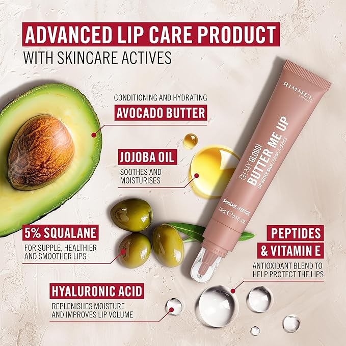 Rimmel London Oh My Gloss Butter Me Up Lip Butter Balm 003 Bubble Gum, Hydrating Lip Balm, Tinted Lip Balm, Lip Care, Hydration, Nourishing, Squalene
