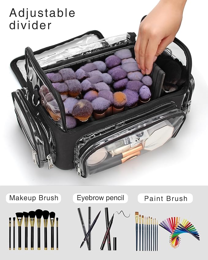 Makeup Brush Case With 4 Mini Bags, Extra Large Makeup Brush Bag XL Professional Makeup Artist Must Haves Travel Case with Stand Up Brush Slots Cosmetic Organizer Bag,with Adjustable Strap