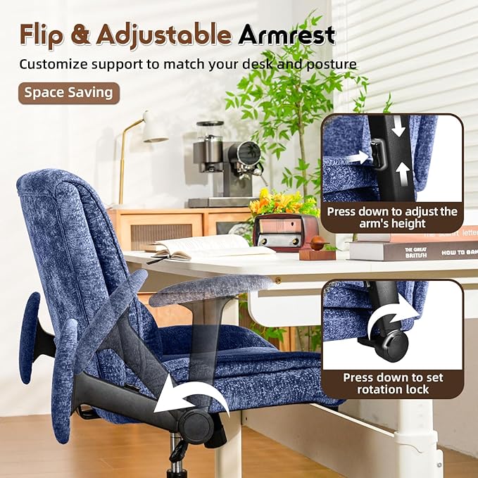 Criss Cross Chair with Wheels & Flip Arms, Wide Cross Legged Office Chair with Adjustable Tilt Criss-Cross Desk Chair with Lumbar Support for Home Office, Bedroom, Apartment Blue