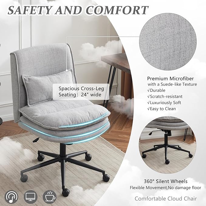 VINGLI Cloud Criss Cross Legged Chair,18" High Back Armless Home Office Desk Chair with Wheels,Wide Adjustable Comfy Padded Seat Task Computer Chair,Modern Swivel Makeup Vanity Chair,Fabric,Grey
