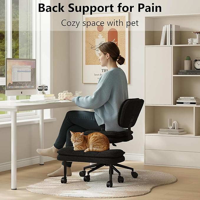 AODAILIHB Ergonomic Cross Legged Office Chair with Pull-Out Stool, 360° Swivel Teddy Fabric Meditation Chair with Wheels, Height Adjustable Kneeling Chair with Lumbar Support for Home Office, Black
