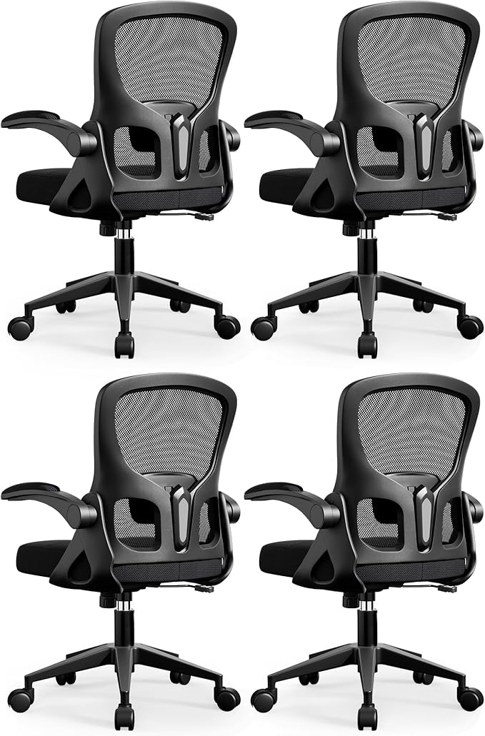 Office Chair Ergonomic Desk Chair, Adjustable Lumbar Support Rolling Swivel Comfy Chair with Space-Saving Flip Up Armrests,Mesh Gaming Chair for Business Work Office & Home, Black 4pcs
