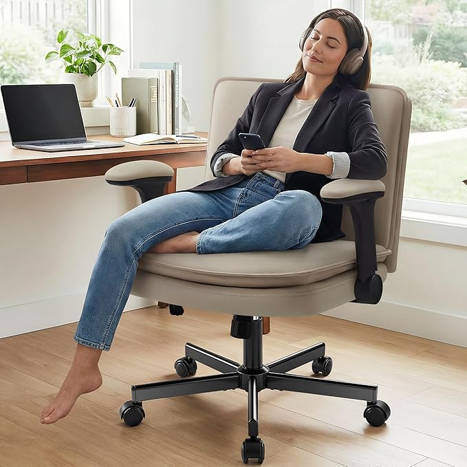 Criss Cross Office Chair with Wheels - PU Leather Wide Criss Cross Desk Chair with Flip-up Arms and Thick Cushion - Comfy Tilting Swivel Rolling Vanity Chair for Home Office Bedroom Apartment