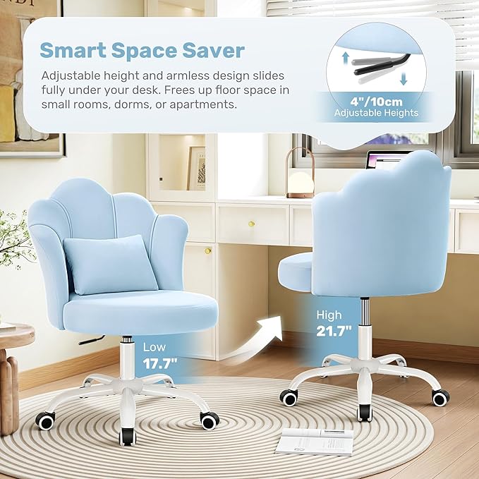 Petal Vanity Chair with Wheels, 3.15" Extra Thick Comfy Makeup Chair, Adjustable Modern Swivel Armless Desk Chair for Girls Women, Aesthetic Small Office Chair for Bedroom Dorm