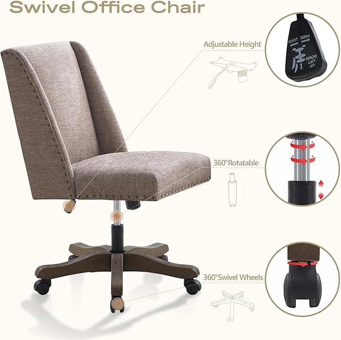 Upholstered Armless Office Chair with Wooden Legs, Modern Adjustable Home Office Desk Chair Computer Chair Swivel Chair for Home Office Study Studio (Brown)