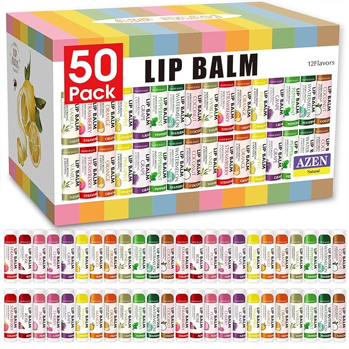 AZEN 50 Pack Lip Balm, Natural Lip Balm Bulk, Lip Care Product, Moisturizing Lip Balms for dry cracked lips, Valentines Gifts Easter Basket Stuffers - 12 Flavors