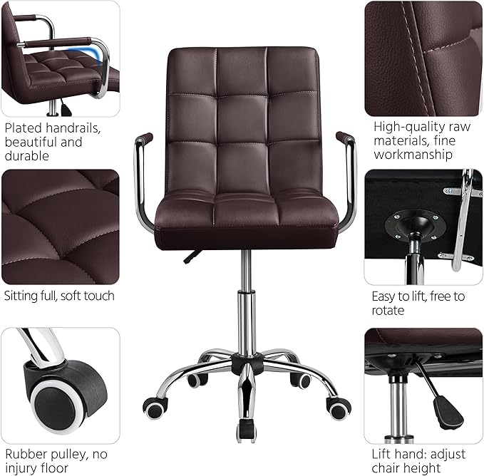 Yaheetech PU Leather Mid-Back Task Desk Chair Modern Adjustable Swivel Home Office Chair with Smooth Casters Brown