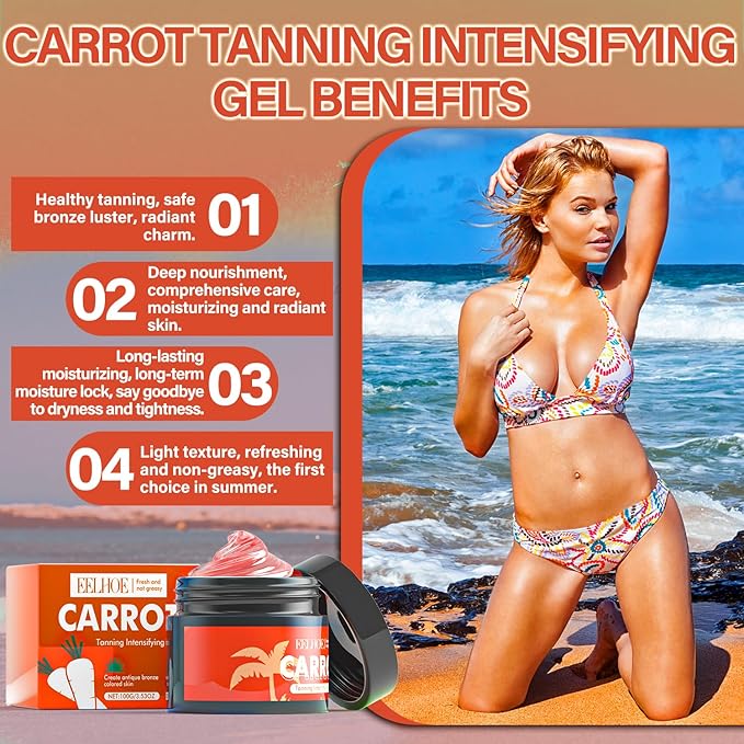 Tanning Gel with Natural Carrot Oil & Vitamin E, Fast-Acting Sun Tan Enhancer for Deep, Dark, Long-Lasting Color, Hydrating, Water, Resistant Formula for Face & Body, Ideal for All Skin Tones, 3.53 oz