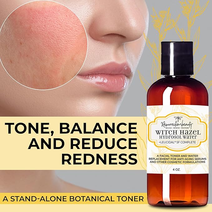 RESURRECTIONbeauty Witch Hazel Hydrosol with Leucidal® SF Complete | Alcohol Free Facial Toner & Witch Hazel Distillate Base Ingredient for Clay Masks & DIY Hyaluronic Acid Serum, 4oz