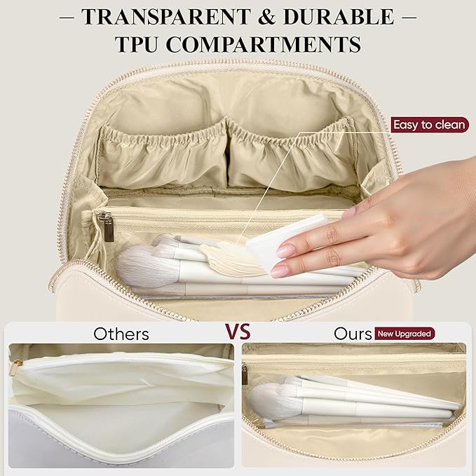 Travel Makeup Bag, Large Capacity Cosmetic Bags for Women, Waterproof Portable Pouch Open Flat Make up Organizer Bag with Dividers and Handle, Toiletry Bag for Essentials