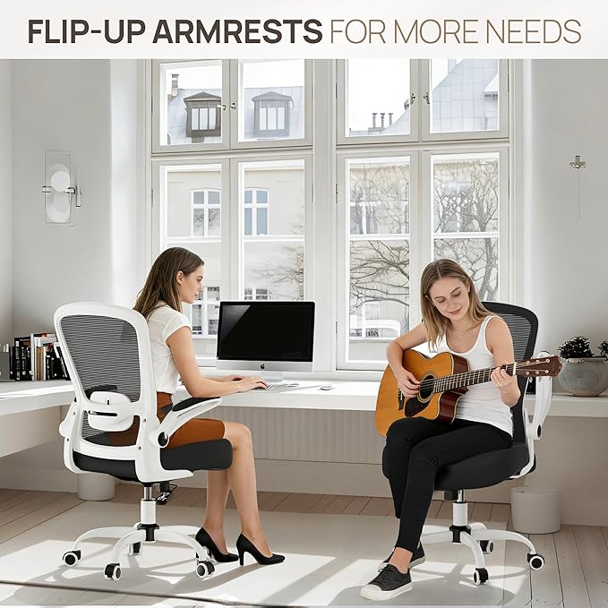 Mimoglad Ergonomic Office Chair - Desk Chair with Flip-up Armrests & 135° Recline, Adjustable Lumbar Support - Space-Saving Task Chair for Business/Team Office & Home (White Frame-Black, 350lbs)