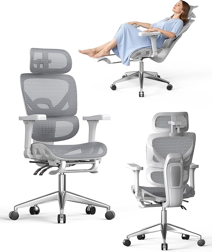 naspaluro Ergonomic Office Chair, High Back Mesh Desk Chair, 350lbs Capacity, Lumbar Support, 3D Armrest Headrest, Footrest, PU Wheels, Swivel Computer Chair for Home Office, Work & Gaming