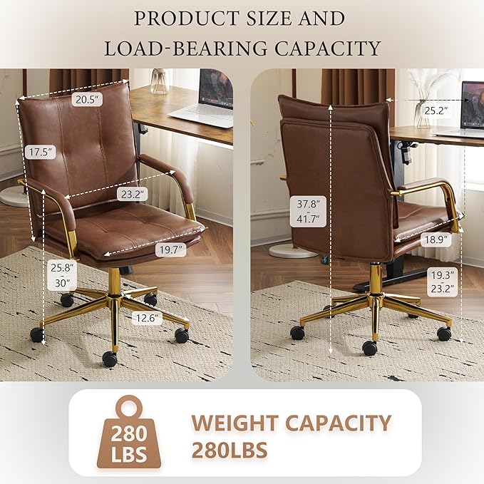 MOJAY Office Chair, Leather Desk Chair, Brown Desk Chair, Mid Century Modern Office Chair, Swivel Comfy Upholstered Wide Seat Chair with Gold Legs and Armrests for Home, Office (Brown&Golden)