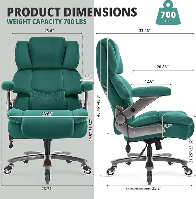 Fabric Big and Tall Office Chair 700lbs-High Back Executive Cloth Computer Chair with Adjustable Lumbar Support 3D Flip Arms Plus Size Rubber Wheels-Extra Wide Large Desk Chairs, Heavy Duty Metal Base