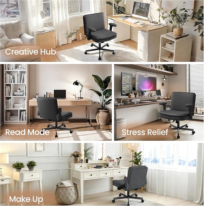 Criss Cross Office Chair with Wheels - PU Leather Wide Criss Cross Desk Chair with Flip-up Arms and Thick Cushion - Comfy Tilting Swivel Rolling Vanity Chair for Home Office Bedroom Apartment