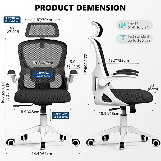 Ergonomic Office Chair, Mesh Desk Chair with Adjustable Headrest & Lumbar Support, Rolling Computer Chair with Flip-up Armrests, Comfy Swivel Home Office Chair for Long Hours - White