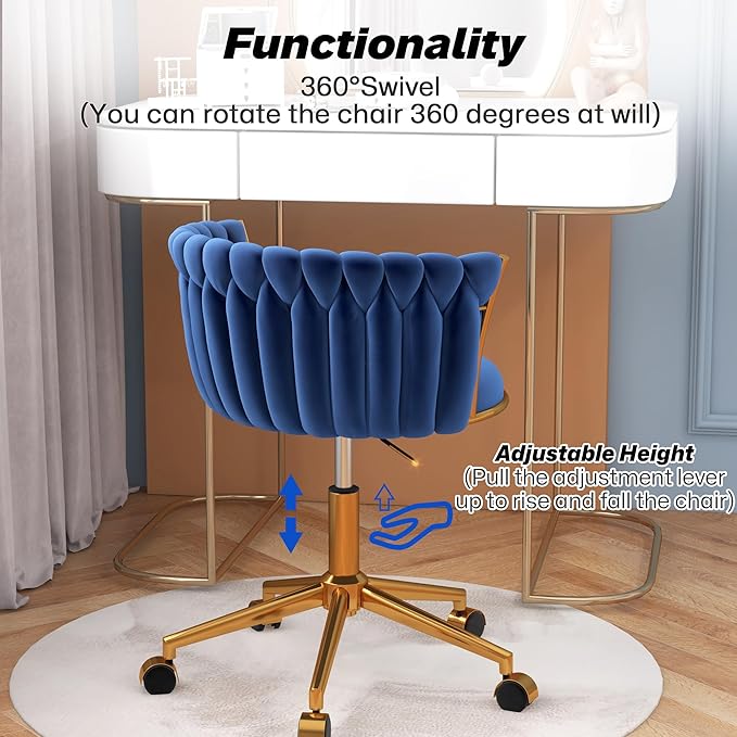 Velvet Woven Home Office Chair, Modern Swivel Desk Chair with Wheels, Height Adjustable Vanity Chair with Gold Metal Base and Hand Weaving Back for Bedroom Study Small Space, Navy Blue