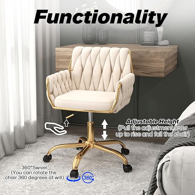 Woven 360°Swivel Desk Chair, Velvet Height Adjustable Home Office Armchair with Golden Base for Teens Women Girls, Upholstery Computer Chair for Home Studios and Office, Woven & Beige