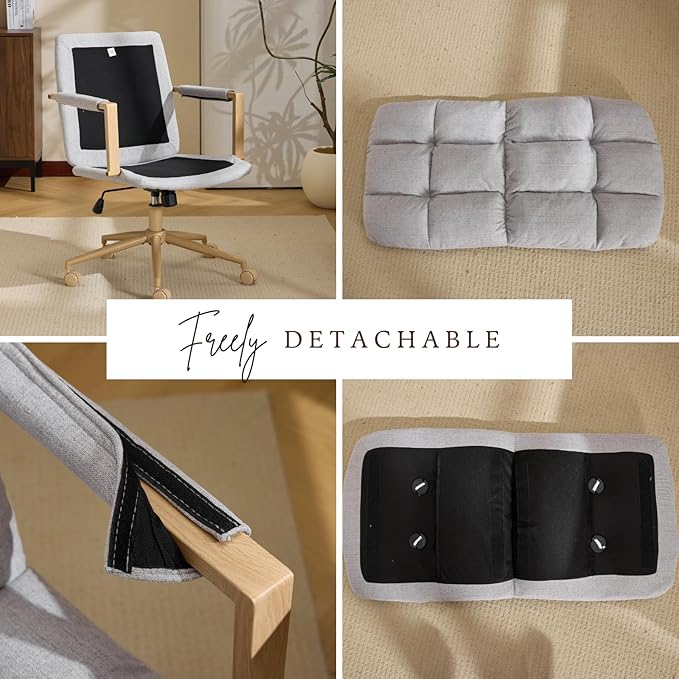 VINGLI Comfy Linen Office Desk Chair With Wheels &Detachable Cushions& Wood-like Armrests,Swivel Small Computer Task Chair,Adjustable for Girl Makeup Vanity,Teen/Kids Study,Nail Tech,Sewing,Light Grey