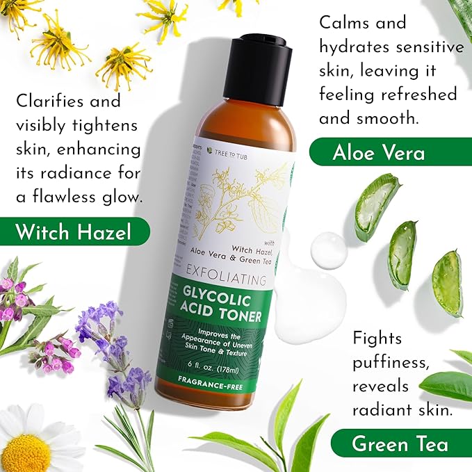 Tree To Tub Glycolic Acid Toner, Ginseng Green Tea Face Moisturizer Bundle – Gentle Daily Skincare with Witch Hazel, Hyaluronic Acid & Aloe for Dry, Sensitive, or Uneven-Looking Skin