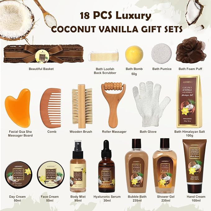 19-Piece Bath and Body Gift Basket Set for Women - Coconut Vanilla Gift, Spa Gift Basket, Face Skin Care Set, Bath Gift Set Self Care Gift for Mothers Day, Fathers Day, Birthday, Christmas, Valentines
