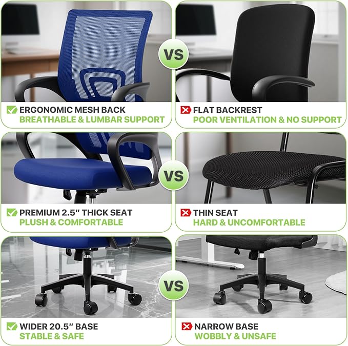 Magshion Ergonomic Office Chair 20 Pack, Mid-Back Mesh Desk Chair, Adjustable Swivel Computer Chair with Lumbar Support & Breathable Backrest for Gaming, Work, Study, 300 Lbs Capacity, Navy Blue