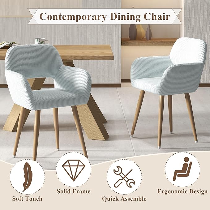 Home Office Desk Chair Set of 2, Corduroy Fabric Vanity Chair for Makeup with Hollow Backrest, Comfy Armchair Wood Frame with Strudy Metal Legs, Light Blue