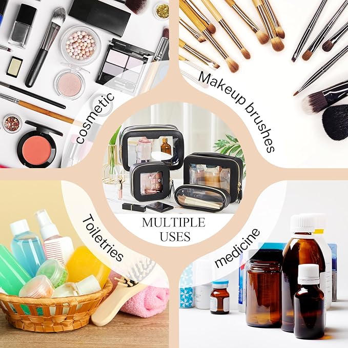 4 Pcs Leather Clear Makeup Bags Set for Women Travel Clear Cosmetic Case Toiletry Bags with Zipper Makeup Brush Case Waterproof Organizer Storage for Women Men Travel Accessories, 4 Sizes(Black)