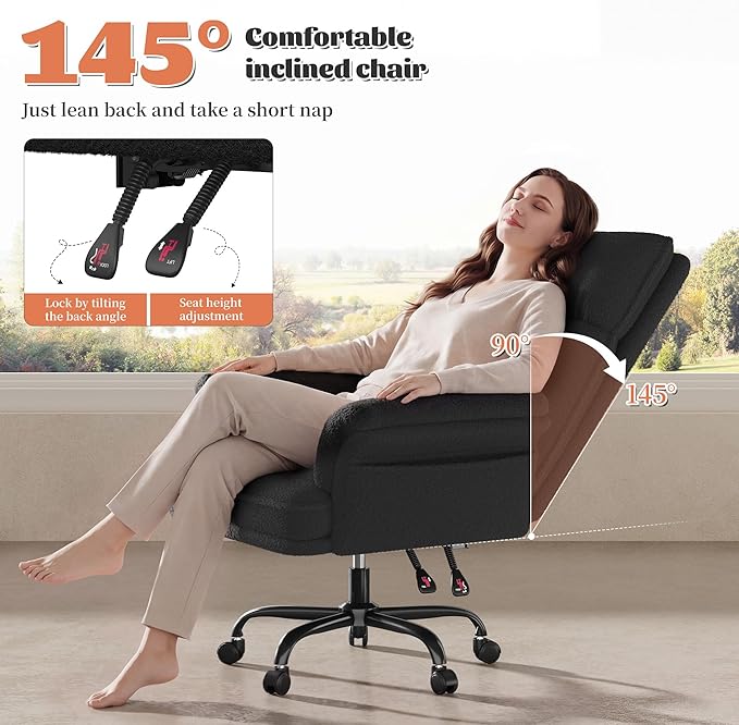 Criss Cross Chair with Wheels and Arms,Teddy Plush Vanity Chair with Side Pockets， Adjustable Home Office Desk Chairs，Computer Chair for Home, Makeup and Office Use,Black