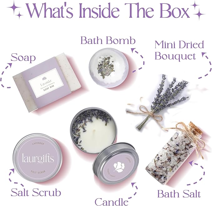 Lavender Spa Gift Box for Women – Small Candle Set with Bath Gifts, Relaxing Self Care Spa Set, Birthday Basket for Women, Mom & New Mom