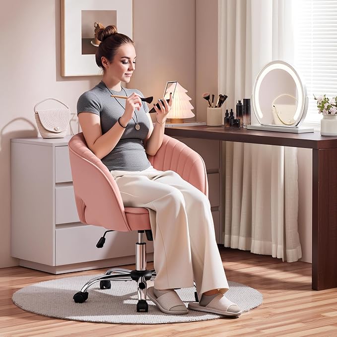 Yaheetech Pink Desk Chair Cute Vanity Chair with Back & Modern Swivel Rolling Design for Home Office, Study, Vanity, Bedroom