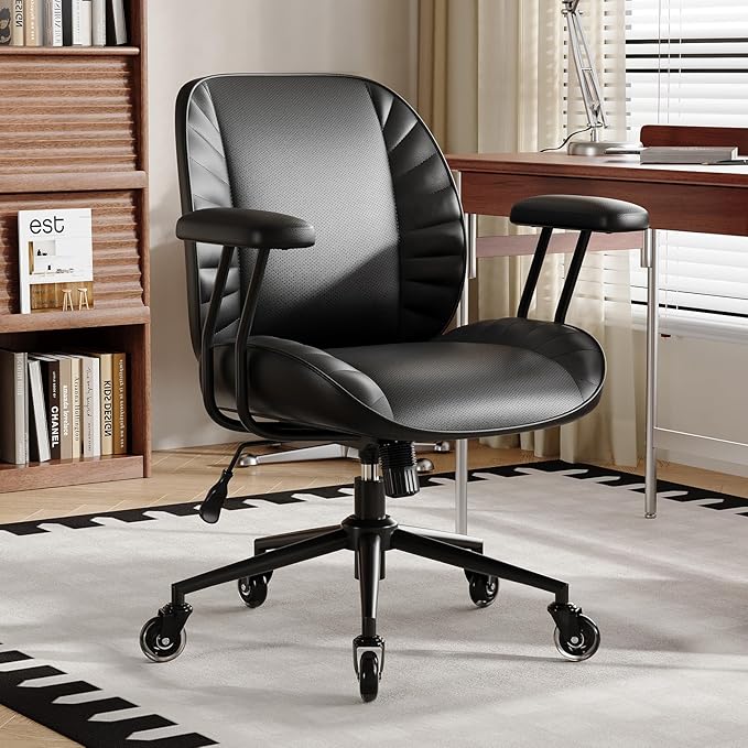 BFZ Home Office Desk Chair, Adjustable Comfy Desk Chair with Wheels, Comfortable Ergonomic Office Chair, Criss Cross Office Desk Chair with Back for Vanity,Home Office or Workspace, Black Leather