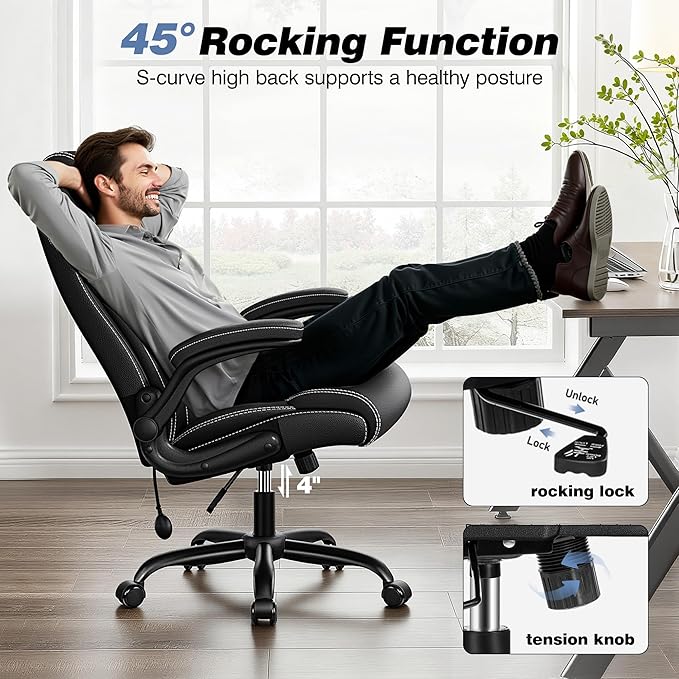 Ergonomic Office Chair - Desk Computer Chair, Leather High Back Executive Chairs with Adjustable Lumbar Support & Flip Up Arms, Black 4 Pack