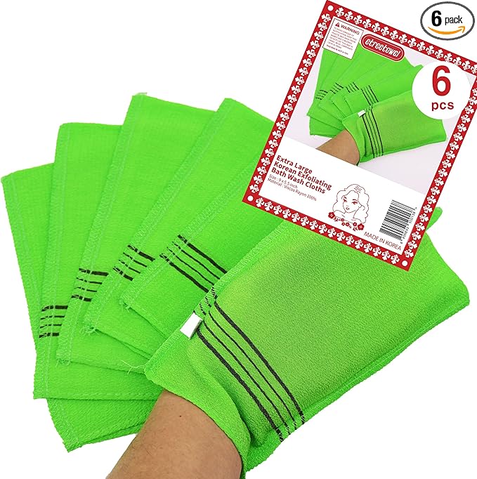 Extra Large Size 9.9" x 5.5" (6 PCs) Korean Asian Exfoliating Bath Washcloths Mitt Scrub for Body washcloth Glove Viscose Rayon Towel for Soft Skin Korea Made