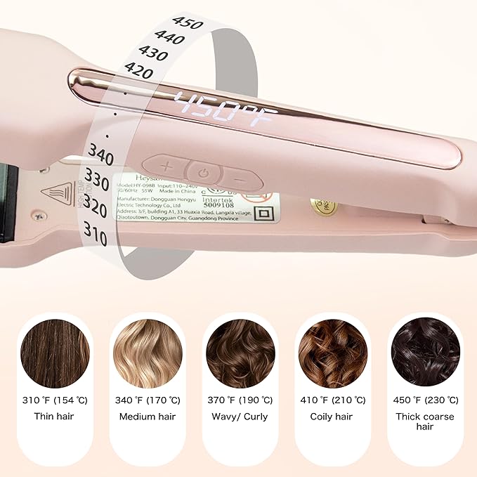 Heysam Flat Iron Hair Straightener and Curler 2 in 1, Travel Portable Dual Voltage Hair Irons for Thick Hair, Wide Ionic Straightener 1.6-Inch, 30S Fast Heating, LCD Display, Smooth & Frizzy, Pink