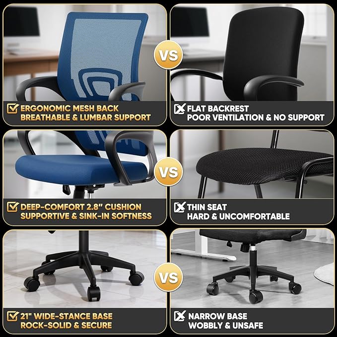 Magshion Ergonomic Office Desk Chair, Mid-Back Mesh Computer Chair, Swivel Chair with Breathable Backrest & Lumbar Support, Adjustable Height for Gaming, Work, Study, 300 Lbs Capacity, Navy Blue