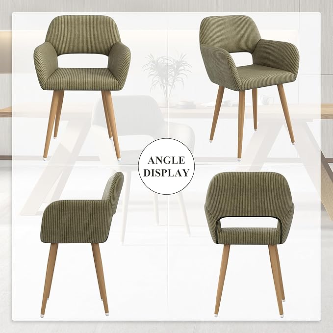 Home Office Desk Chair Set of 4, Corduroy Fabric Vanity Chair for Makeup with Hollow Backrest, Comfy Armchair Wood Frame with Strudy Metal Legs, Dark Green