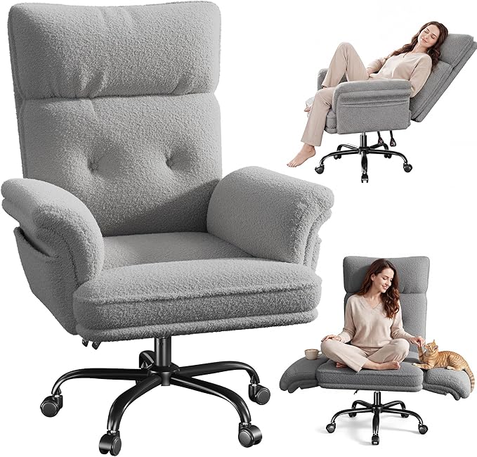 Office Chair with Wheels & Side Pockets,Flip Armrests for Pets & Cross Legged Sitting,Ergonomic Adjustable Vanity Chair –Teddy Plush Office Desk Chair for Home, Makeup and Bedroom,Grey