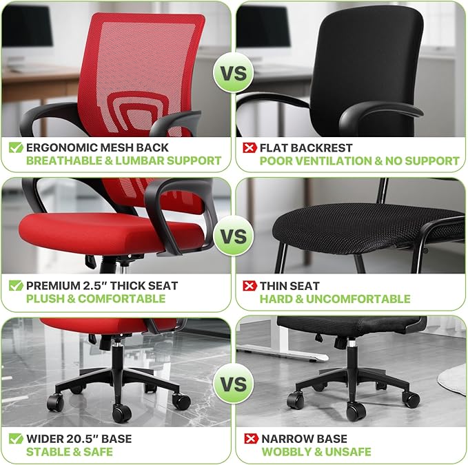 Magshion Ergonomic Office Chair 10 Pack, Mid-Back Mesh Desk Chair, Adjustable Swivel Computer Chair with Lumbar Support & Breathable Backrest for Gaming, Work, Study, 300 Lbs Capacity, Red