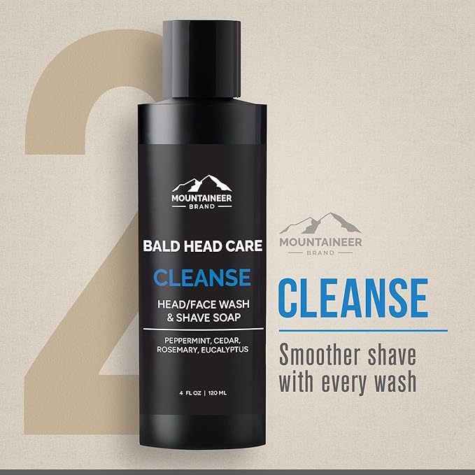 Mountaineer Brand Bald Head Care Gifts For Bald Men | All Natural 4 Step Daily Skin Care for Healthy Scalp & Face | Exfoliate Scrub | Cleanse Wash | Shine Away PH Balance | Protect Moisturizing Balm