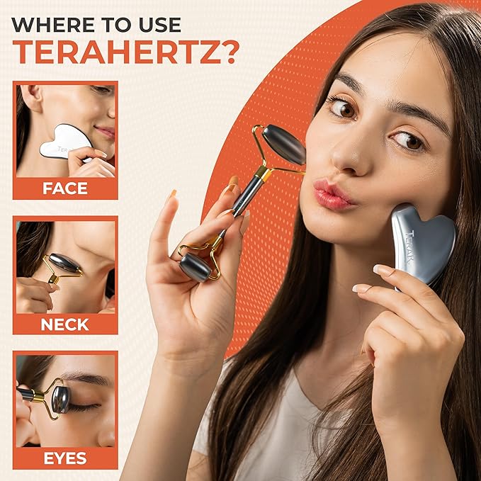 TeraRX® Terahertz Gua Sha & Facial Roller Set – 100% Authentic Terahertz Stone Face Roller to Reduce Puffiness, Improve Wrinkle Lines & Relieve Facial Tension – Perfect for Eye Massage and Relaxation