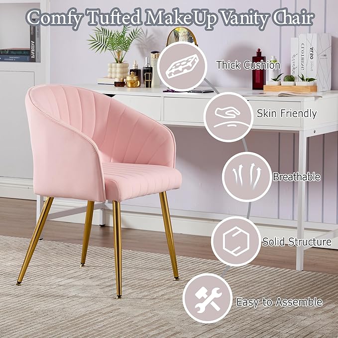 Modern Velvet Vanity Chair, Home Office Desk Chair with Hollow Back, Upholstered Dining Chair with Gold Metal Legs, Comfy Accent Armchair for Living Room Bedroom, Light Pink