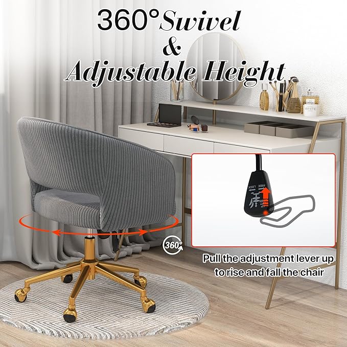 Home Office Swivel Desk Chair, Modern Corduroy Vanity Chair, Height Adjustable Armchair with Gold Base, Ergonomic Office Chair for Task Study Computer Room, Gray