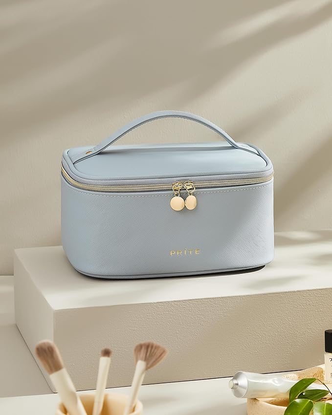 Prite Makeup Bag, Large Capacity Portable Travel Cosmetic Bag, Waterproof Makeup Organizer for Women with Handle and Divider (001 Blue)